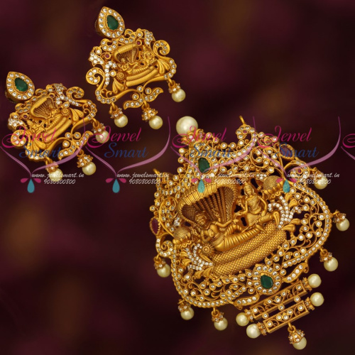 PS18448 Padmanabhaswamy Temple Jewellery Broad Pendant Earrings Set Matte AD Traditional Collections