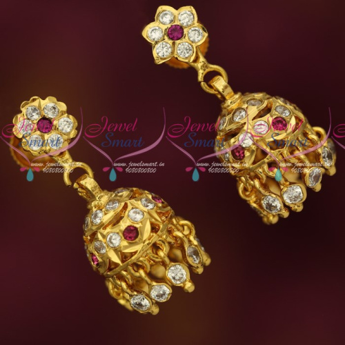 J18937 American Diamond Stones Thick Metal Traditional Gold Design Jhumka Earrings South Screw
