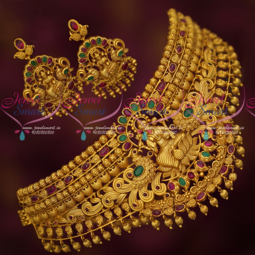 NL18644 Bridal Temple Jewellery Real Kemp AD Ruby Emerald Choker Necklace Traditional Designs