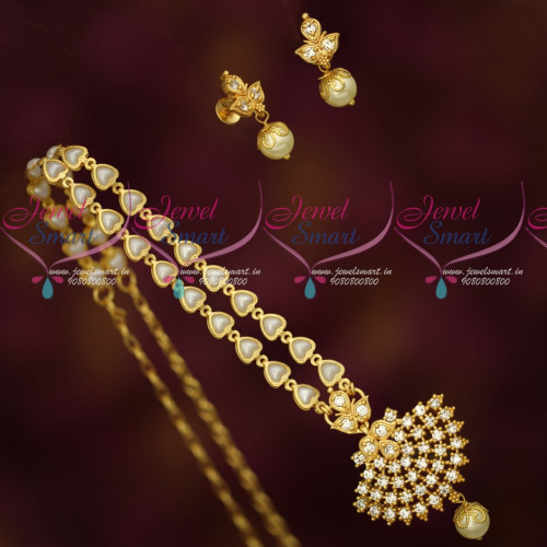 CS18918 Fancy Pearl Chain Attiga AD White Stones Pendant Screw Lock South Indian Gold Covering Jewellery Online