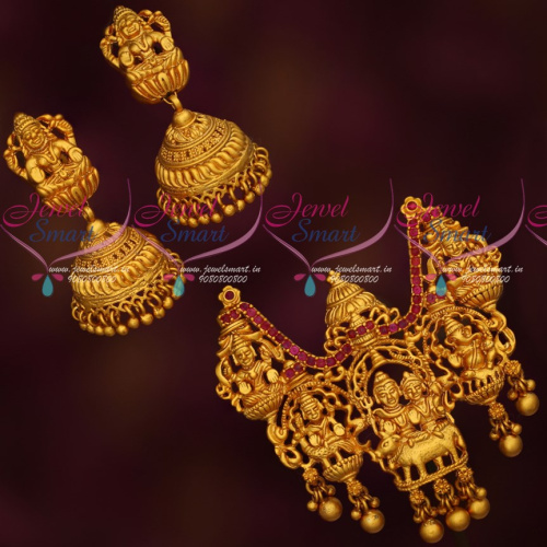 PS18899 Shiv Durbar Temple Jewellery Pendant Jhumka Set Reddish Gold Plated Traditional Designs