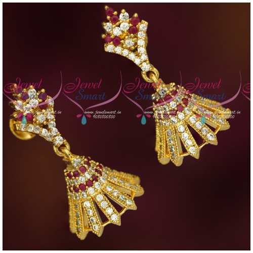 J13177R South Indian Jewellery Screw Lock Ruby White AD Stones Jimikky Earrings Shop Online