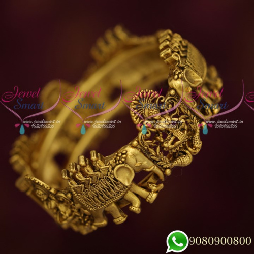 B19392 Broad Temple Bahubaali Design Single Piece Kada Bangle Antique Gold Plated