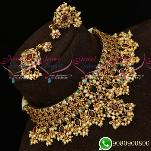 NL19426 Grand Bridal Jewellery Semi Precious High Quality AD Kemp Matte Look Choker Necklace