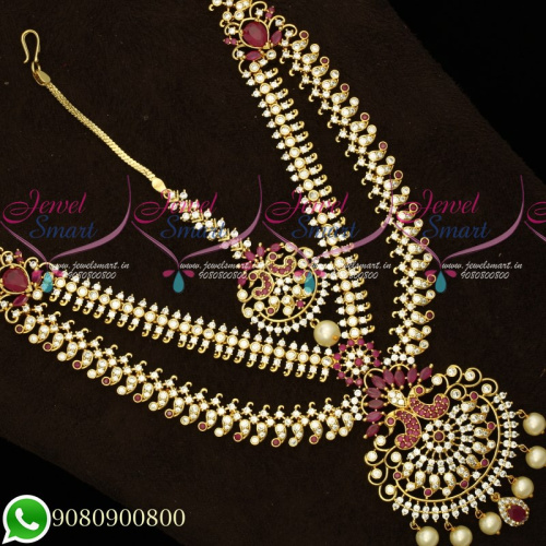 NL19435 Peaock Double Layer Grand Long Necklace Maang Tikka Diamond Finish Imitation Jewellery Online