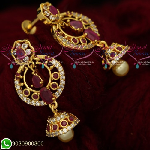 J19478 Gold Plated Ruby White AD Stones Jewellery Chandbali Screwback Earrings Designs