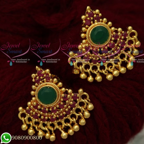 ER19490 Ruby Emerald Stones Gold Covering Daily Wear Ear Studs Imitation Jewellery Designs