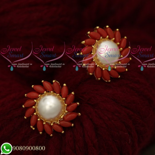 ER19480 Coral Pearls Traditional Design Round Ear Studs Gold Plated Screwbaack Earrings