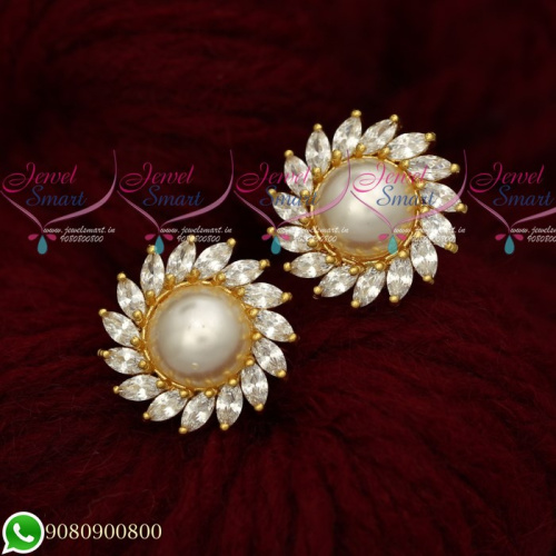 ER19481 White AD Pearls Traditional Design Round Ear Studs Gold Plated Screwbaack Earrings