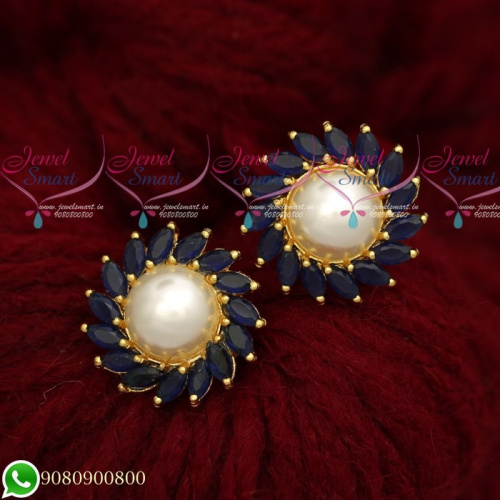 ER19482 Sapphire Blue Pearls Traditional Design Round Ear Studs Gold Plated Screwbaack Earrings
