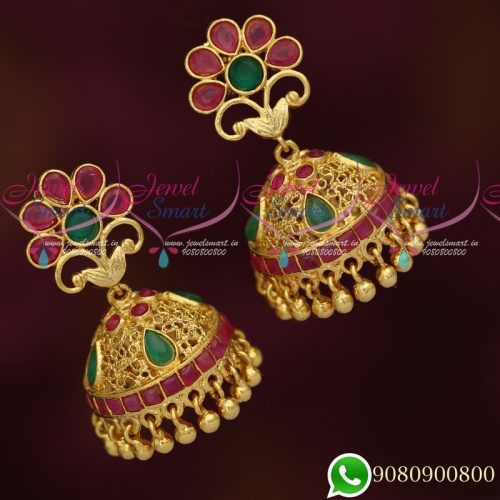 J19300 South Indian Gold Covering Jhumka Earrings Ruby Emerald Stones