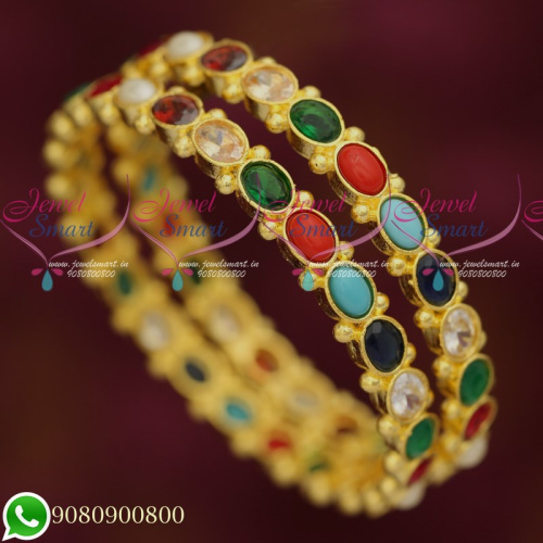 B19296 Navratna Colour AD Stone Light Gold Plated Bangles Traditional Jewellery Designs
