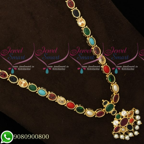 NL19313 Semi Precious Navratna Stones Traditional Haram Jewellery Set Premium Imitation Designs Online