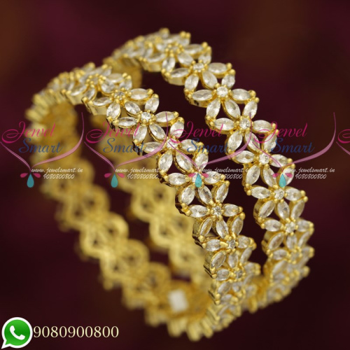 B19323 Broad Dazzling White Stones Star Design Party Wear Grand Gold Finish Bangles Online