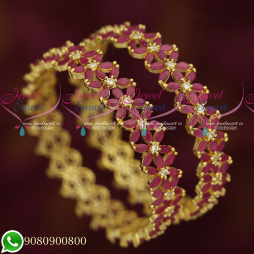 B19324 Broad Ruby Stones Star Design Party Wear Grand Gold Finish Bangles Online