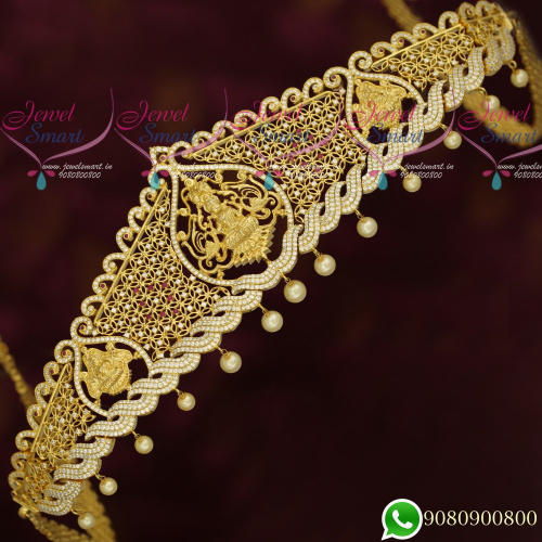 H19439 Temple Jewellery Gold Plated AD Stones Dazzling Vaddanam Bridal Collections Latest