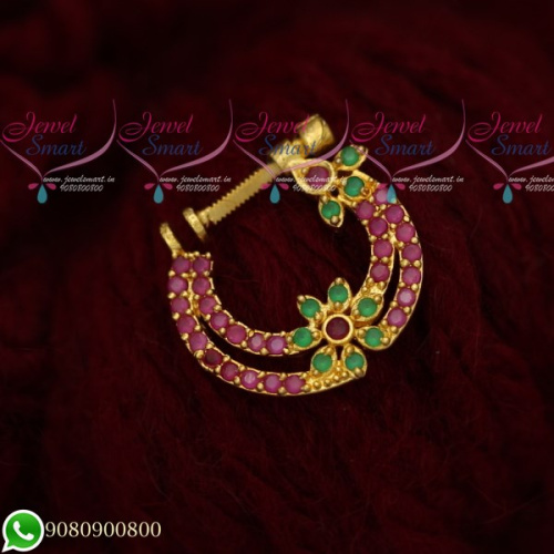 N19502 Non Pierced Nose Ring Nath Designs AD Ruby Emerald Stones Online