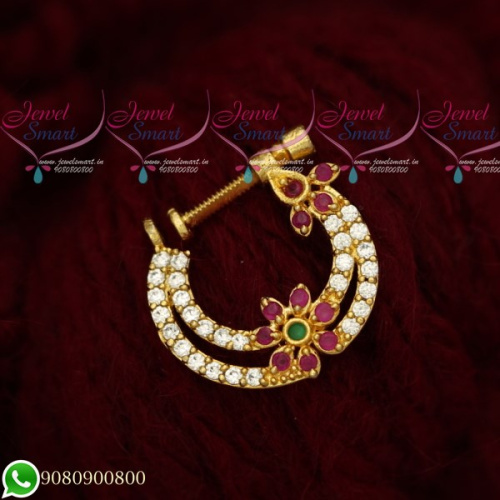 N19503 Non Pierced Nose Ring Nath Designs AD Ruby White Stones Online