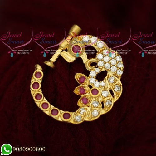 N19519 Peacock Design Nose Ring Online AD Ruby White Stones Non Piercing Screw Lock