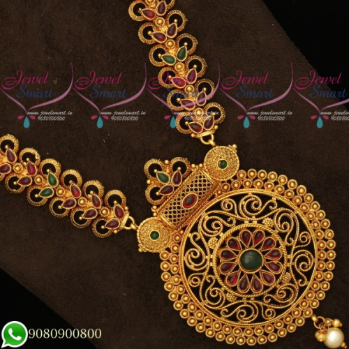 NL19529 Antique Gold Plated Double Design Haram Red Green Stones Matte Reddish Colour
