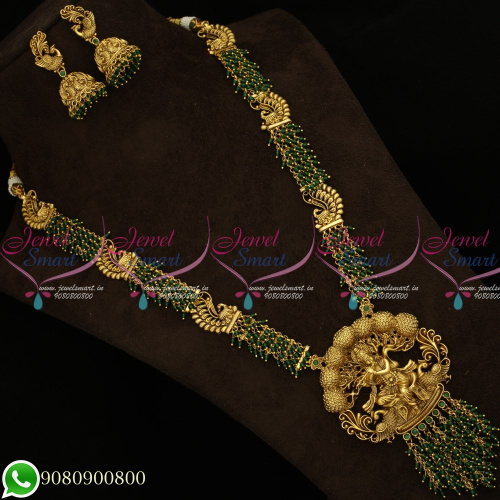 NL19525 Antique Gold Plated Temple Long Necklace Haram Green Crystals Online