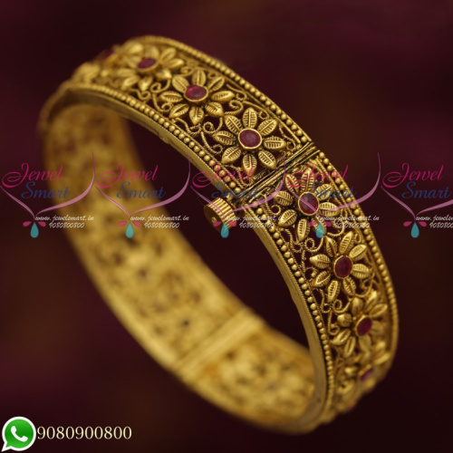 B19628 Antique Gold Plated Jewellery Floral Design Bangles New Collections Screw Open Latest