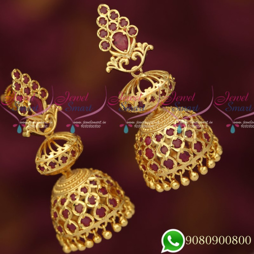 J19694 Gold Plated Ruby Long Size Layer Jhumka Earrings Designs New Imitation Collections