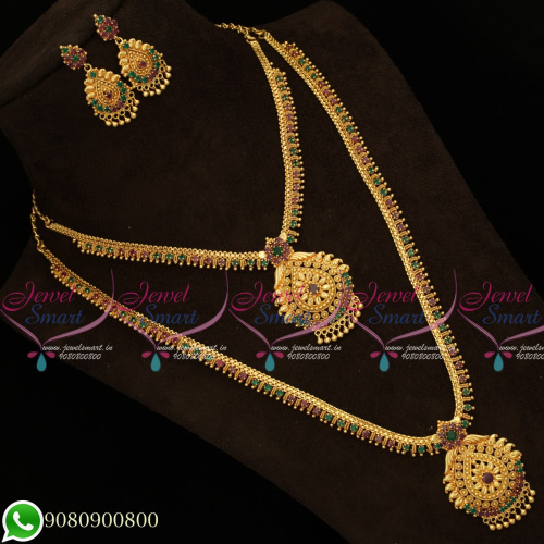 NL19662 South Indian Gold Covering Jewellery Beads Design Red Green Stones Long Short Combo Mini Bridal Set