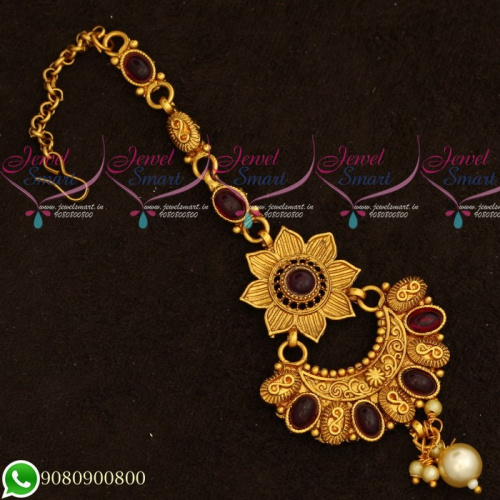 T19550 Maang Tikka Designs Floral Kemp Stones Gold Plated Jewellery Hair Accessory 