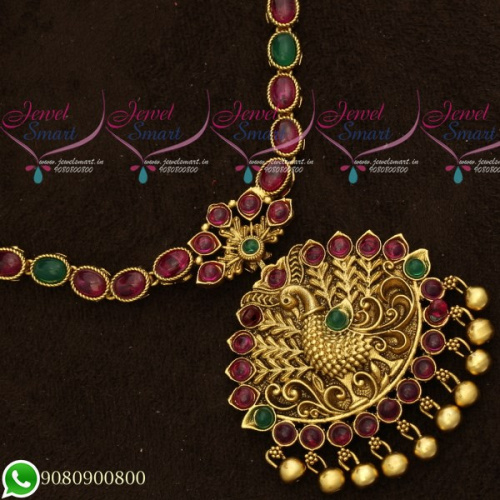 NL19651 Gold Plated Antique Jewellery Designs Kemp Stones Peacock Red Green Stones