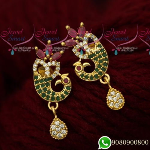 ER19726 Gold Plated Peacock Multi Color Stone Ear Studs South Screw Designs Imitation Jewellery Online