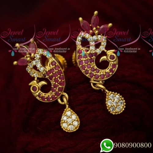 ER19727 Gold Plated Peacock Ruby Color Stone Ear Studs South Screw Designs Imitation Jewellery Online