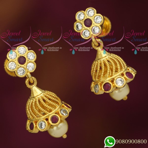 J19673 Jhumka Designs Fancy Gold Look Jewellery AD Stones Small Size Collections