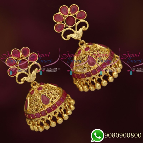 J19300R Ruby AD Stones Jhumka Earrings South Screw Lock Gold Plated Jewellery Online