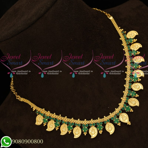 NL19367 Green Coin Temple Mango Kasumala South Indian Traditional Gold Plated Necklace
