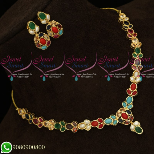NL19527 Semi Precious Navratna Stones Traditional Jewellery Set Premium Imitation Designs Online