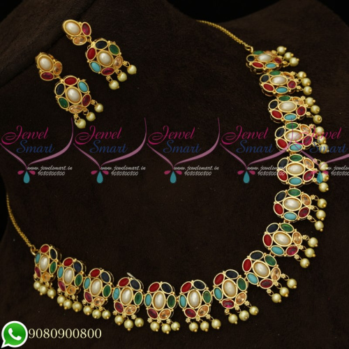 NL19528 Navratna Stones Traditional South Indian Jewellery Set Premium Imitation Designs Online