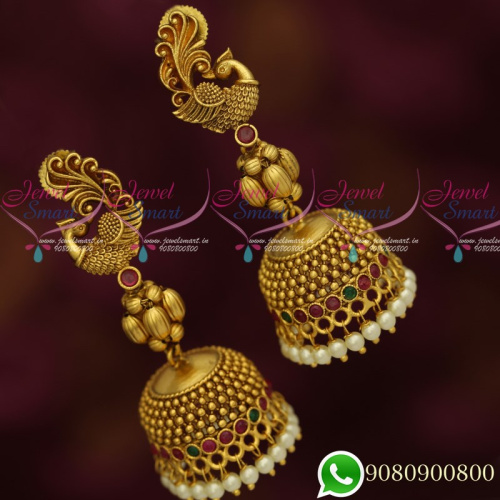 J19720 Peacock Design Jhumka Earrings Antique Gold Plated Jewellery Matte Look Collections Online