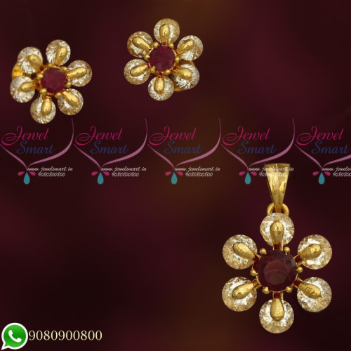 PS19680 AD Diamond Ruby White Stone Setting Gold Plated Small Pendant Earrings Set Shop Online