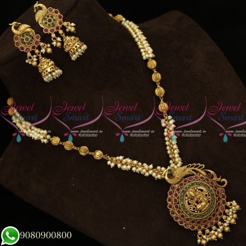 NL19537 Kemp Red Green Stones Antique Temple Jewellery Pearl Mala Peacock Design Shop Online