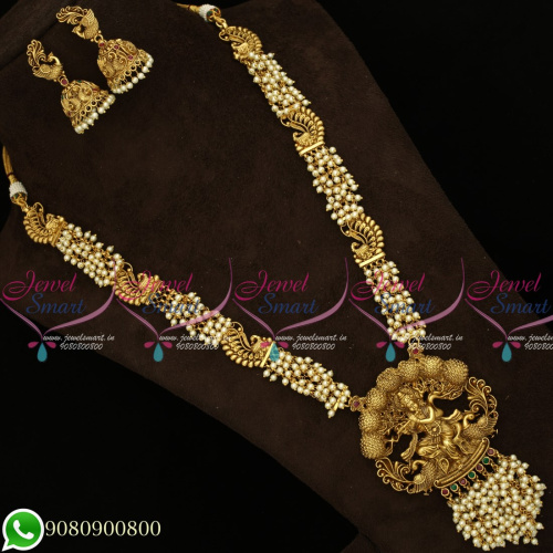 NL19472RG Gold Plated Temple Jewellery Antique Matte Pearl Haram Traditional Designs Red Green Stones