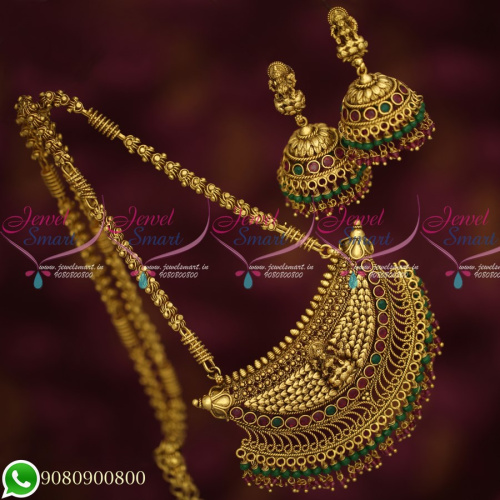 CS19597 Temple Jewellery Antique Gold Plated Long Chain Traditional Crystal Drops Pendant Jhumka Earrings Online