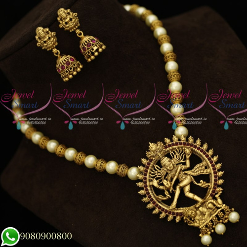 NL19534 Temple Jewellery Lord Nataraja Design Pendant Pearl Beaded Mala Jhumka
