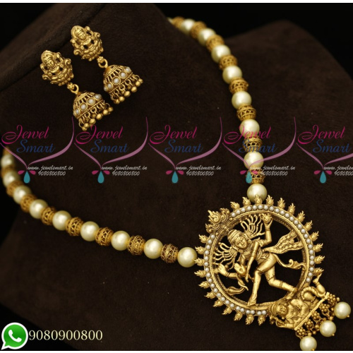 NL19535 Temple Jewellery Lord Nataraja Design Pendant Pearl Beaded Mala Jhumka