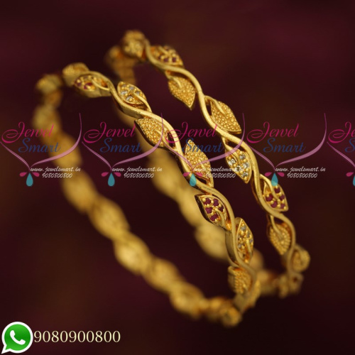 B19731 New Leaf Design Daily Wear Gold Covering AD Stone Bangles Collections Online