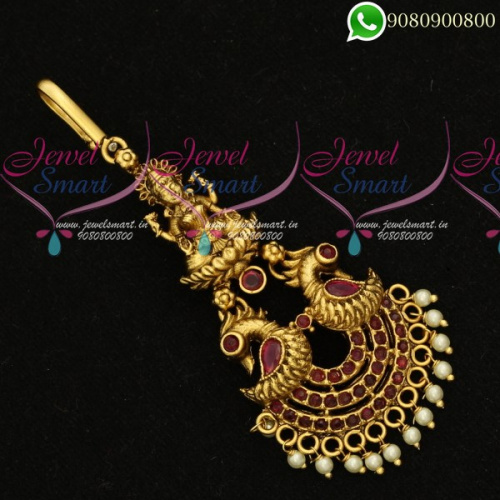 T17603 Ruby Temple Jewellery Matte Gold Reddish Plated Short Maang Tikka Artificial Collections