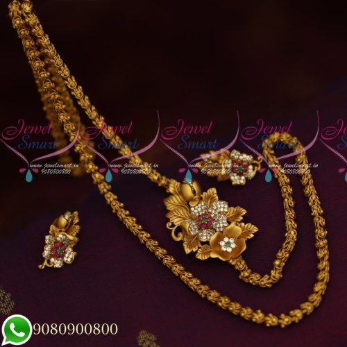 C19733 Mugappu Chain Ear Studs Designs Floral Jewelry Collections Matte Gold Plated Latest 