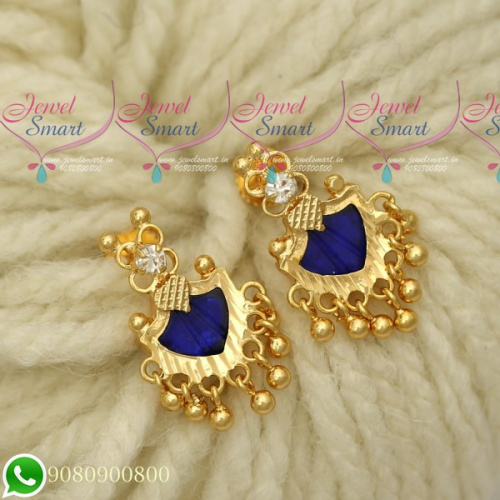 ER19786 Kerala Style Blue Palakka Earrings Golden Bead Drops Screwback South Indian