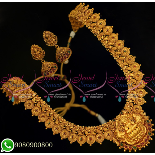 NL19760 Temple Jewellery Designs Long Necklace Haram Latest Matte Gold Plated Premium Necklace Set