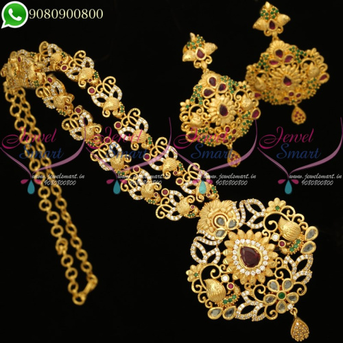 Polki Stones Gold Plated South Indian Necklace Set Online NL20103